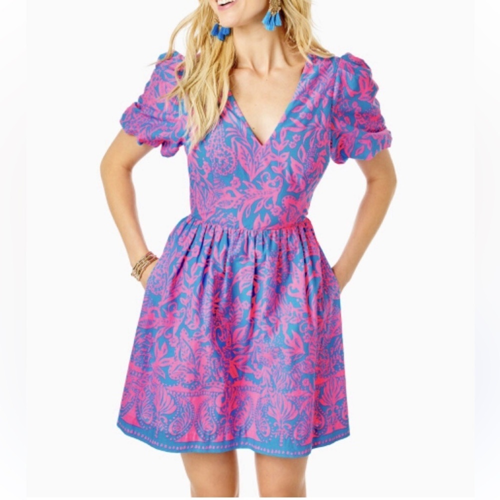 NWT Lilly Pulitzer 2 Suzie Short Sleeve Puff Dress in Pink and Blue